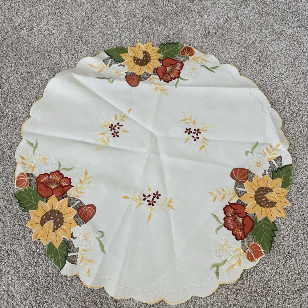 Fall Themed Tablecloth Round Scalloped Edges Satin Embroidered Sunflowers 23"